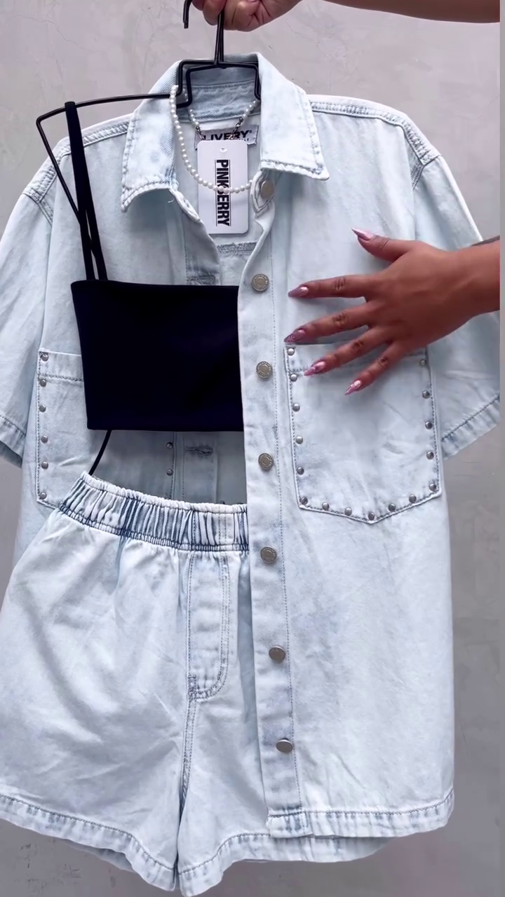 💙✨ Ice Blue Denim Co-Ord Set – Oversized Shirt + Shorts (3-Piece Look) 👖🩵 - Image 3
