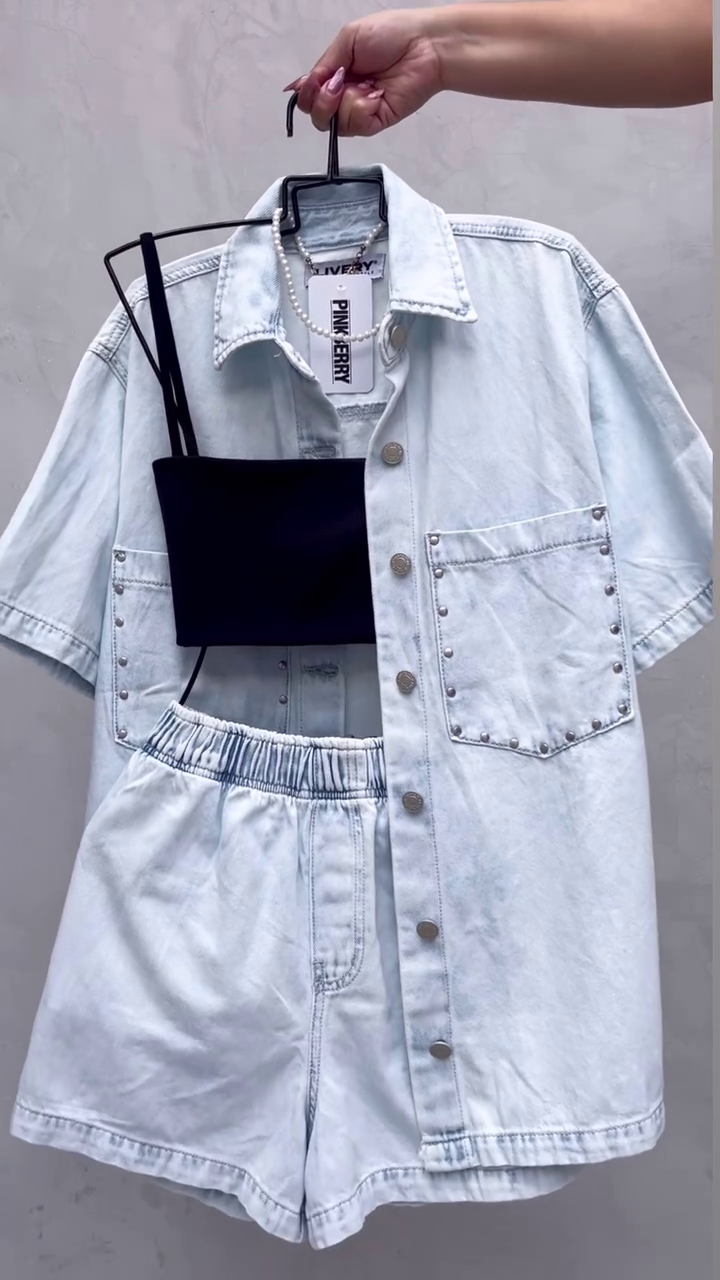 💙✨ Ice Blue Denim Co-Ord Set – Oversized Shirt + Shorts (3-Piece Look) 👖🩵 - Image 4