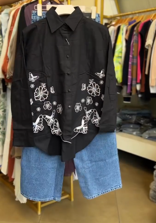 🤍🦋 Fresh & Feminine: White Cotton Shirt with Navy Embroidery Paired with Jeans - Image 3