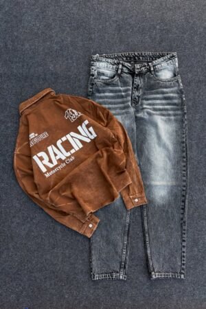 π« Casual Denim Outfit β Brown Washed Denim Jacket with Racing Graphics & Grey Washed Jeans πβ¨
