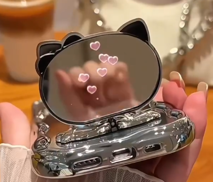 ✨ Silver Electroplated Phone Case with 3D Cat/Bunny Mirror Bracket & Wrist Strap ✨ - Image 2