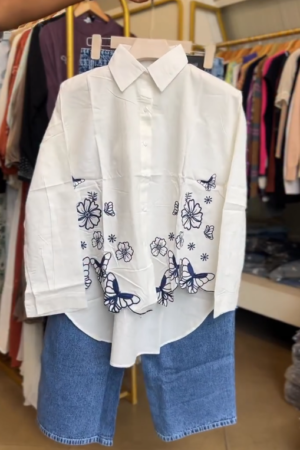 🤍🦋 Fresh & Feminine: White Cotton Shirt with Navy Embroidery Paired with Jeans