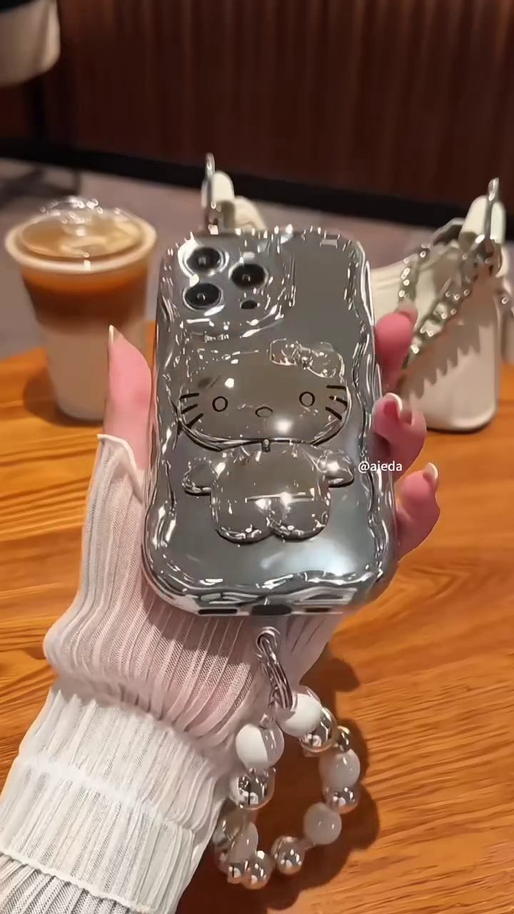 ✨ Silver Electroplated Phone Case with 3D Cat/Bunny Mirror Bracket & Wrist Strap ✨ - Image 4