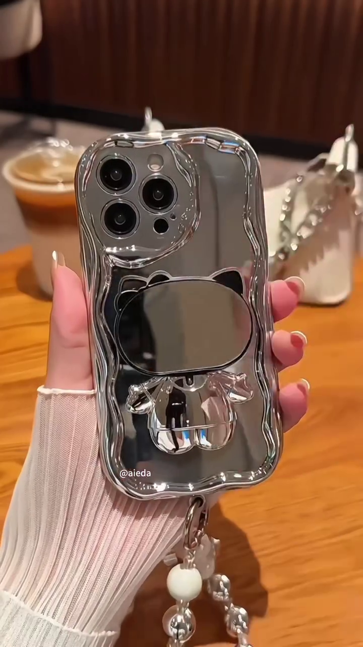 ✨ Silver Electroplated Phone Case with 3D Cat/Bunny Mirror Bracket & Wrist Strap ✨ - Image 3