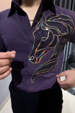 💜 Purple Satin Cotton Shirt with Horse Embroidery – Bold, Refined & Effortlessly Stylish 🐎