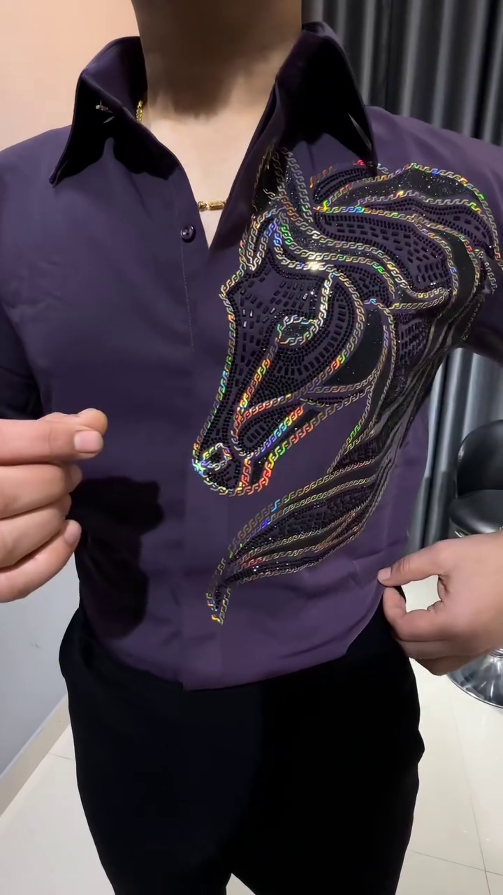๐ Purple Satin Cotton Shirt with Horse Embroidery โ Bold, Refined & Effortlessly Stylish ๐