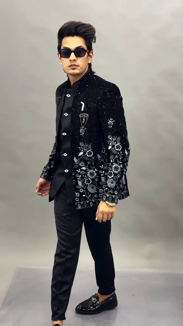 π€ Black Velvet Jodhpuri Suit / Bandhgala Jacket β Regal Elegance with Multicolor Floral Embroidery β¨ - Image 6