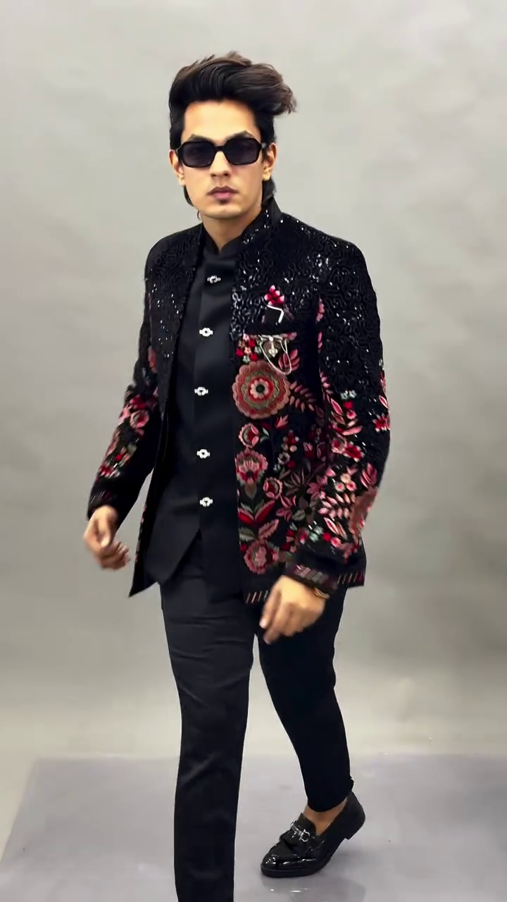 π€ Black Velvet Jodhpuri Suit / Bandhgala Jacket β Regal Elegance with Multicolor Floral Embroidery β¨ - Image 5