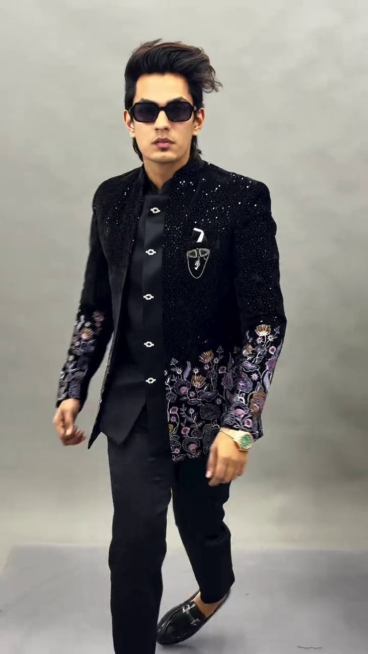 π€ Black Velvet Jodhpuri Suit / Bandhgala Jacket β Regal Elegance with Multicolor Floral Embroidery β¨ - Image 4