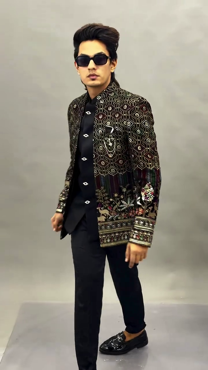 π€ Black Velvet Jodhpuri Suit / Bandhgala Jacket β Regal Elegance with Multicolor Floral Embroidery β¨ - Image 2
