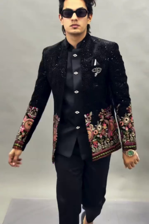 🖤 Black Velvet Jodhpuri Suit / Bandhgala Jacket – Regal Elegance with Multicolor Floral Embroidery ✨