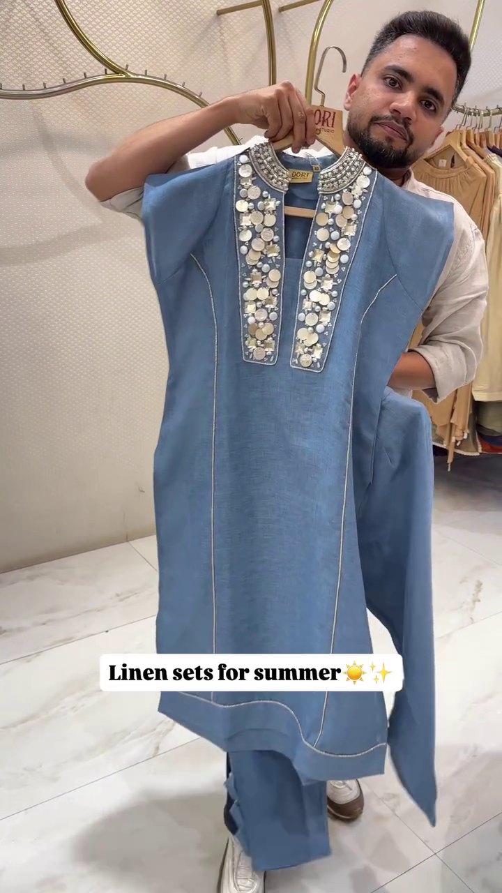 โจ Elegant Linen Kurta Set โ Sequins & Bead Embellishments for a Festive Glow ๐ธ - Image 2