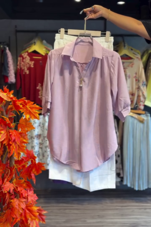 π Lavender Collared Button-Down Tunic Top & Trousers Set for Women β Soft Sophistication Redefined