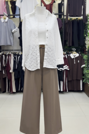 π€ Effortless Elegance: White Eyelet Button-Down Shirt with Brown Wide-Leg Pants π€