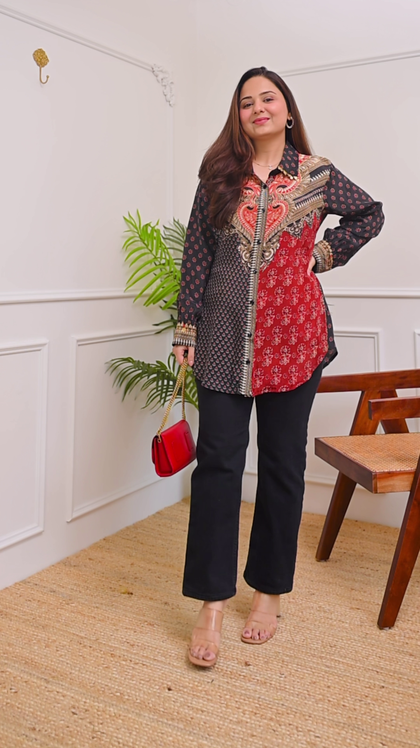 🔴🖤 Bold & Elegant: Crimson & Coal Ajrakh Muslin Silk Shirt