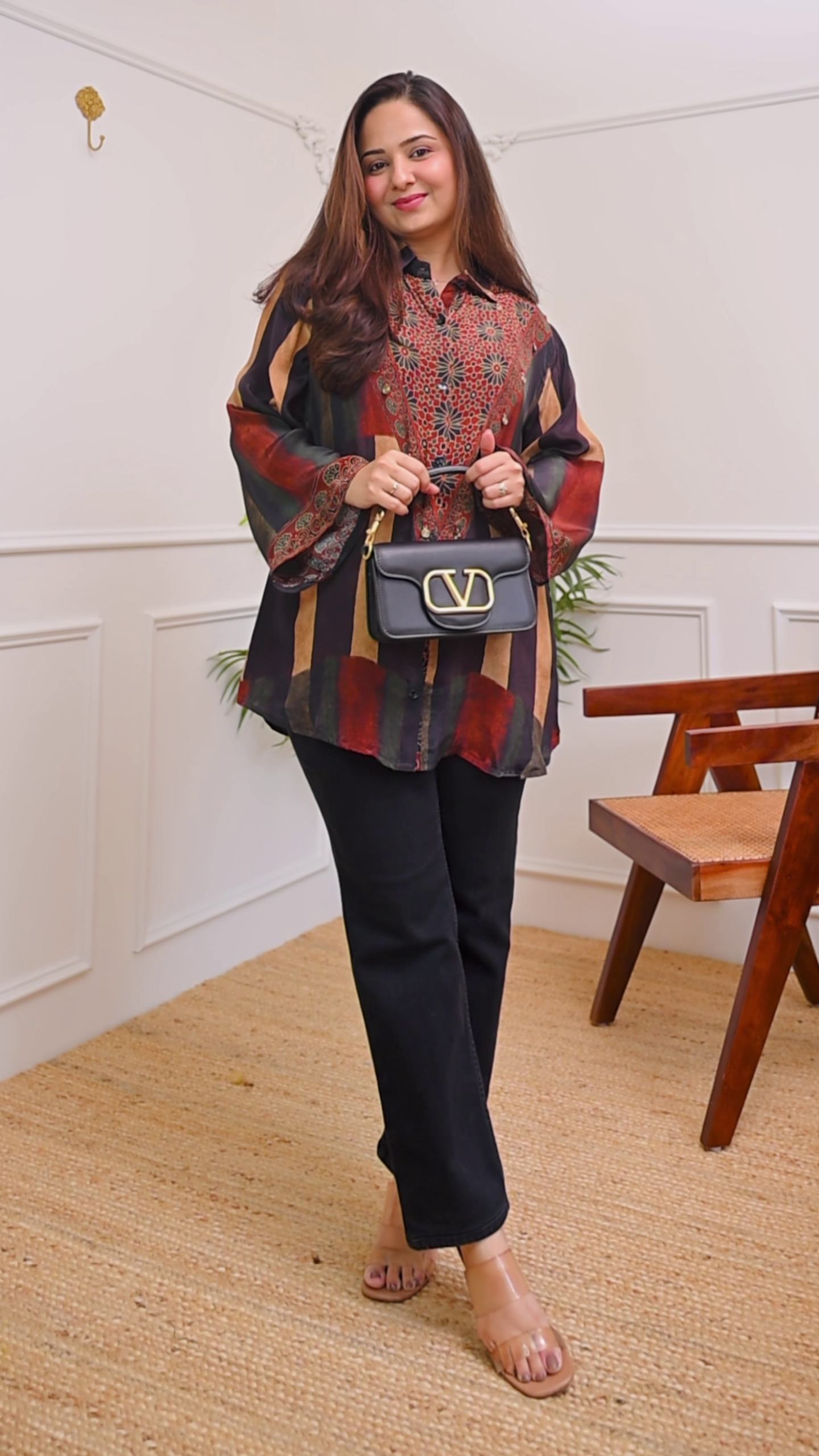 🔴🖤 Bold & Elegant: Crimson & Coal Ajrakh Muslin Silk Shirt - Image 8