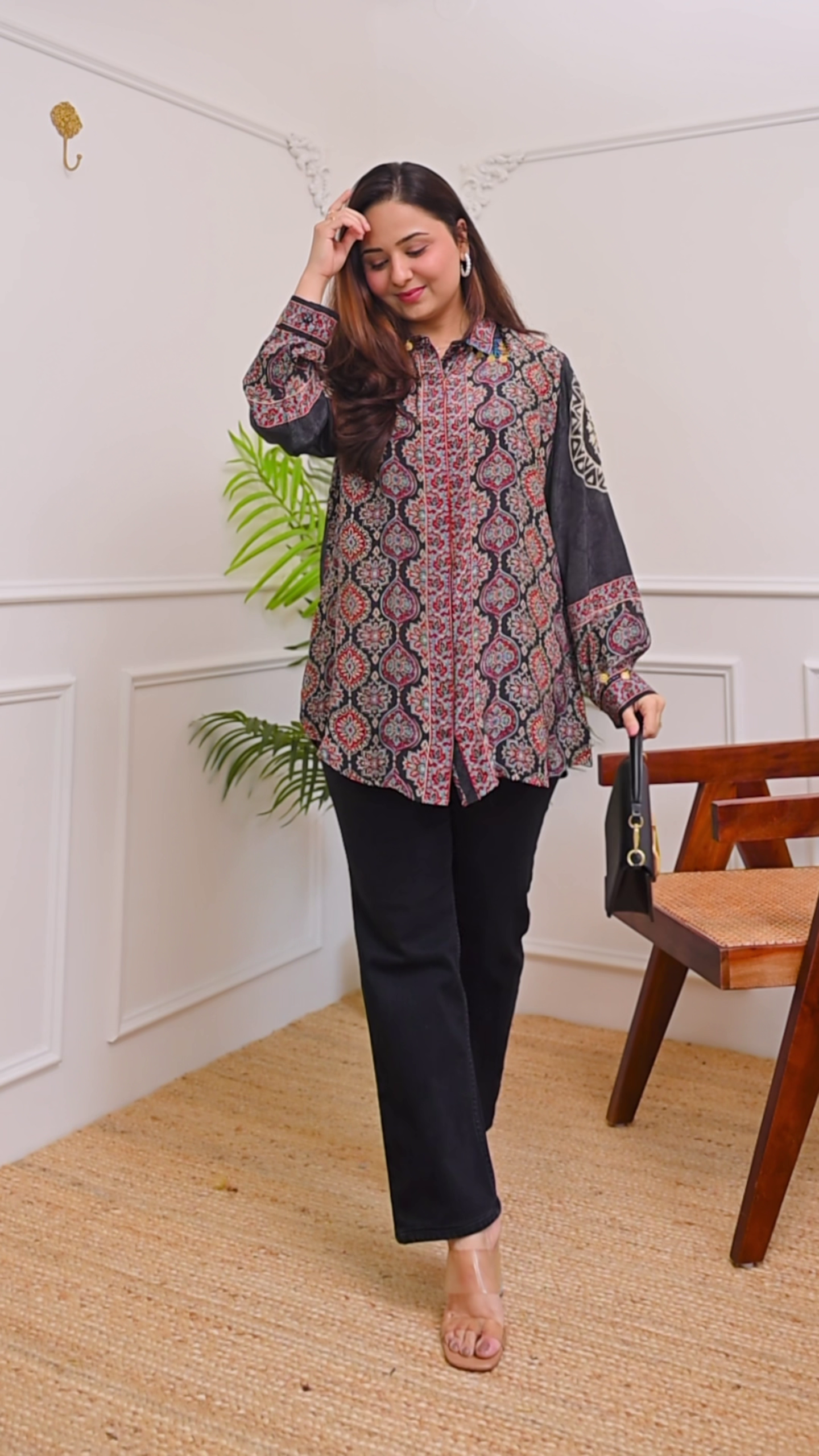 🔴🖤 Bold & Elegant: Crimson & Coal Ajrakh Muslin Silk Shirt - Image 3