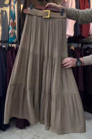 🤎 Elegant & Effortless: Taupe Tiered Maxi Skirt with Woven Belt