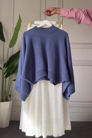π Cozy Elegance: Blue Turtleneck Sweater with White Lace Skirt