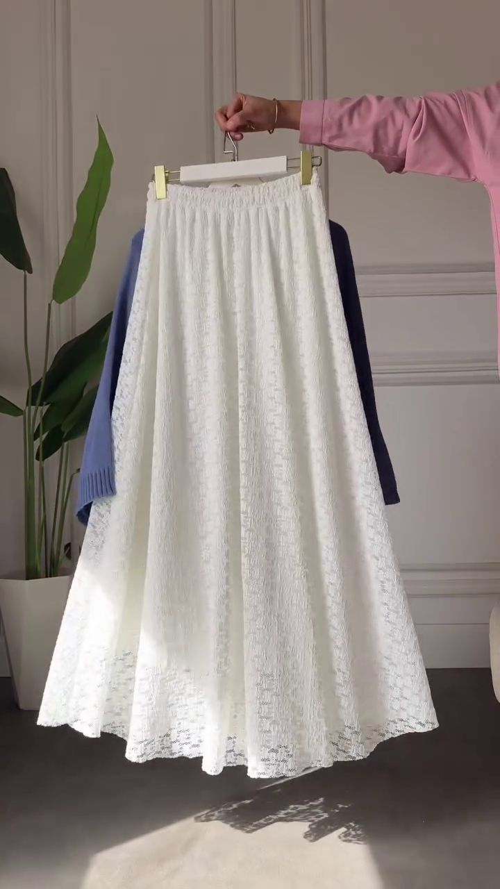 π Cozy Elegance: Blue Turtleneck Sweater with White Lace Skirt - Image 2
