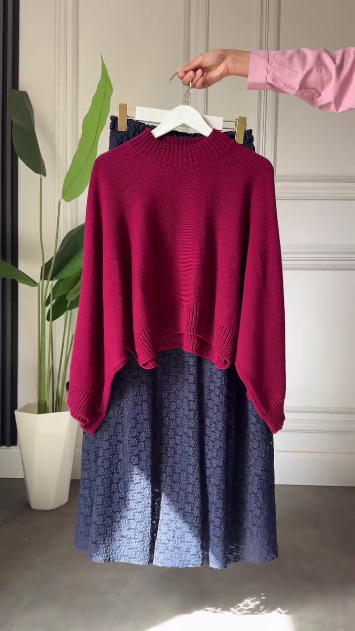 π Cozy Elegance: Blue Turtleneck Sweater with White Lace Skirt - Image 6