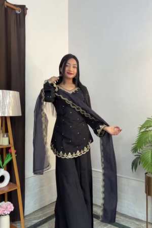 π€β¨ Glamorous Nights: Black Festive Sharara Suit with Gold Embroidery