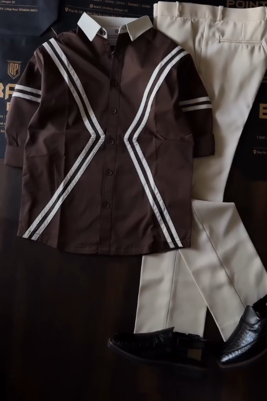 Sharp Contrast Style: White Shirt with Bold Brown V-Striping & Dark Trousers π€π€π - Image 4