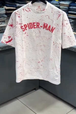 Superhero Style: White Spider-Man T-Shirt with Red Splatter Print & Graphic Text 🕷️🤍