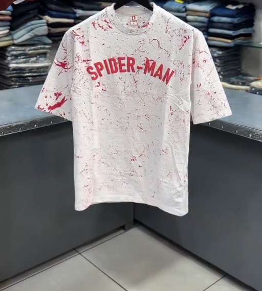 Superhero Style: White Spider-Man T-Shirt with Red Splatter Print & Graphic Text π·οΈπ€