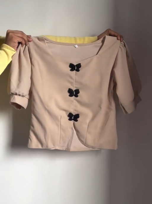 Chic & Playful: Cream Korean-Style Top with Butterfly Embellishments π¦π€
