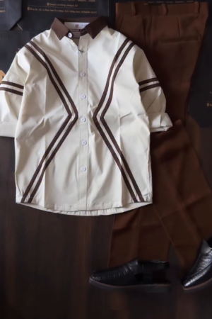 Sharp Contrast Style: White Shirt with Bold Brown V-Striping & Dark Trousers 🤍🤎👔