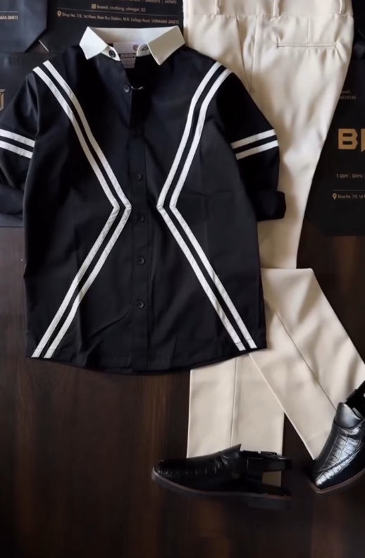 Sharp Contrast Style: White Shirt with Bold Brown V-Striping & Dark Trousers π€π€π - Image 2