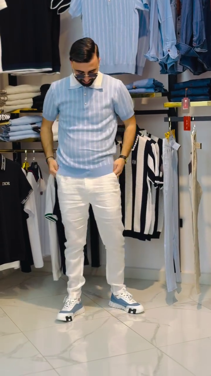 Effortless Cool: Light Blue Striped Knitted Polo T-Shirt with Classic Denim Jeans πππ - Image 2
