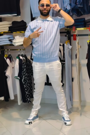 Effortless Cool: Light Blue Striped Knitted Polo T-Shirt with Classic Denim Jeans 💙👕👖