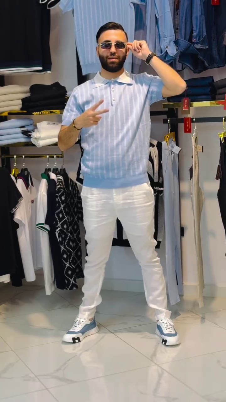 Effortless Cool: Light Blue Striped Knitted Polo T-Shirt with Classic Denim Jeans πππ