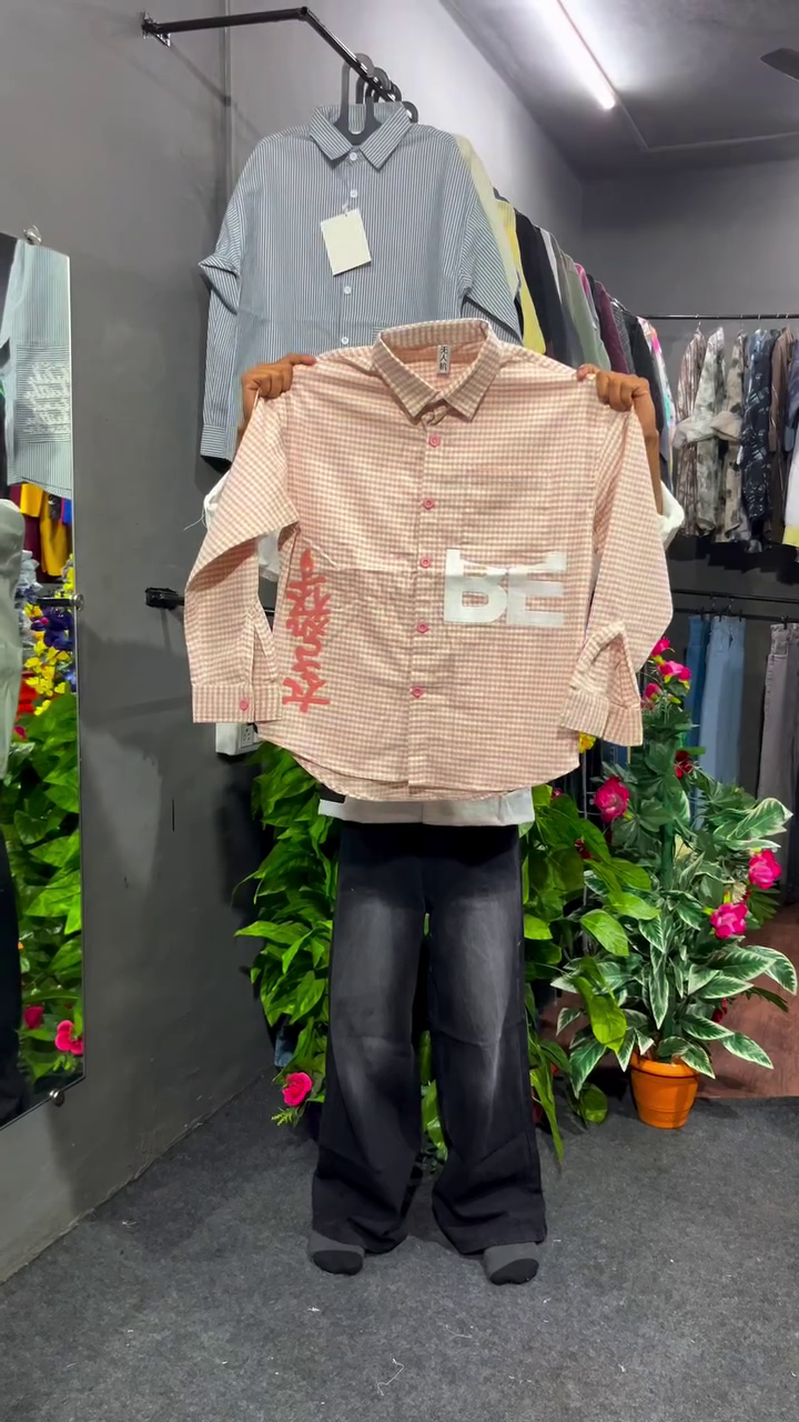 Bold & Casual: Menβs Pink & White Checkered Shirt with Graphic Text Design ππ