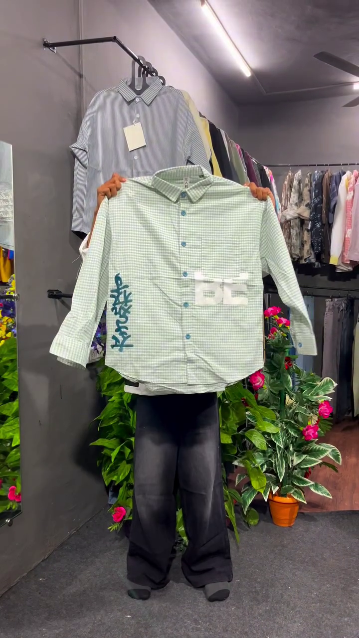 Bold & Casual: Menβs Pink & White Checkered Shirt with Graphic Text Design ππ - Image 4