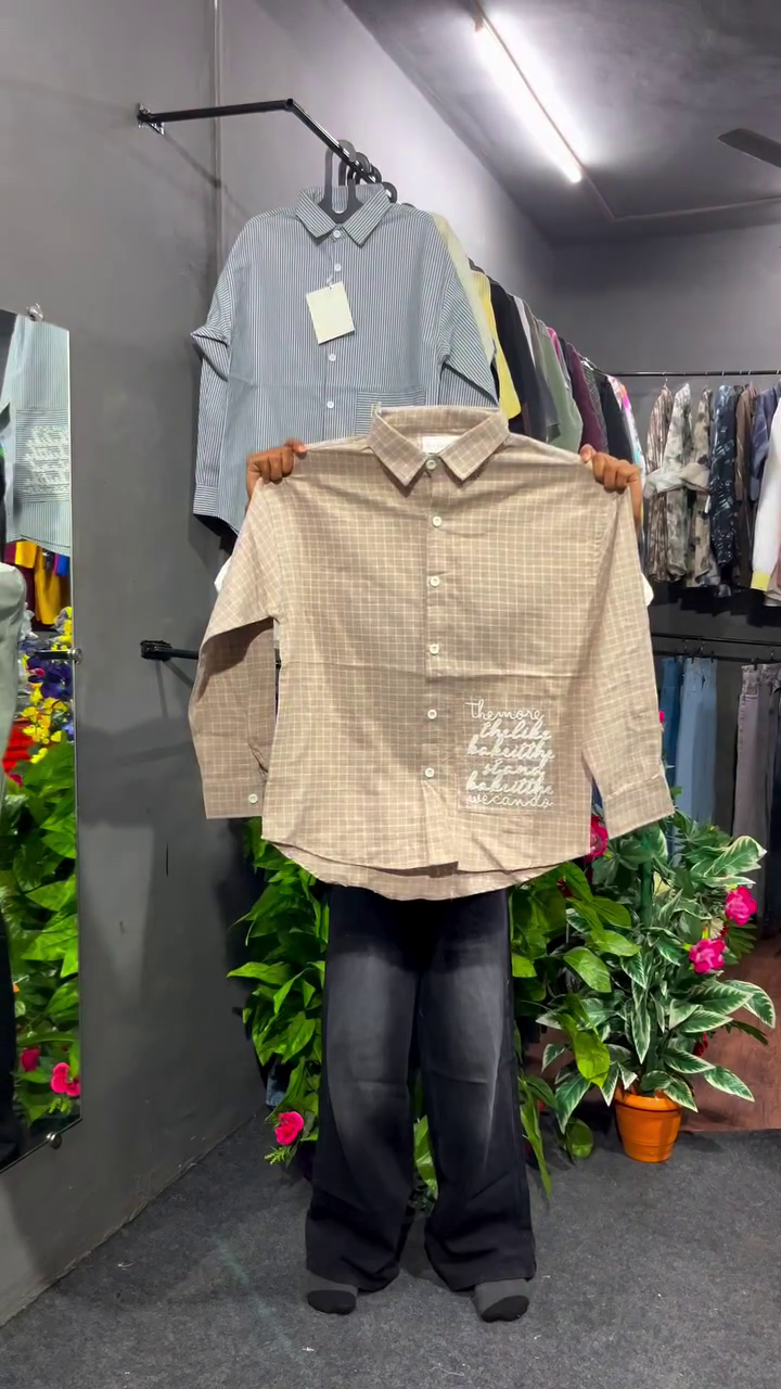 Bold & Casual: Menβs Pink & White Checkered Shirt with Graphic Text Design ππ - Image 3