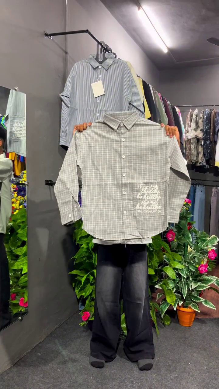 Bold & Casual: Menβs Pink & White Checkered Shirt with Graphic Text Design ππ - Image 2