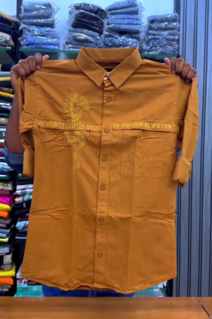 Bold & Playful: Mustard Yellow Casual Shirt with Dragon Embroidery & “Attitude” Branding 🐉💛