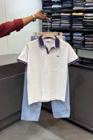 Classic Meets Modern: Menβs White Stretch PiquΓ© Polo with Striped Accents ππ€