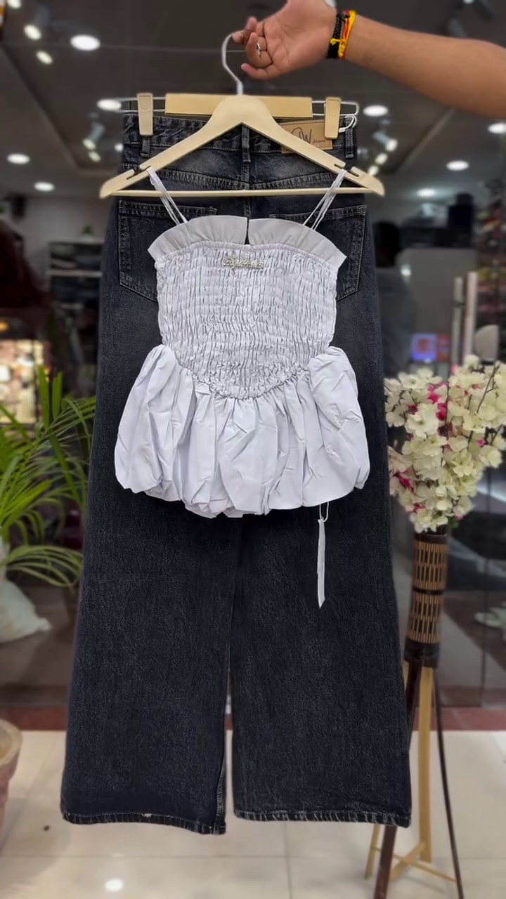 Chic Party Ready: Girlsβ White Ruffled Strapless Top with Wide-Leg Jeans ππ - Image 2
