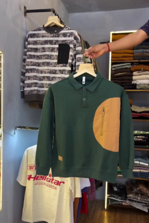 Vibrant Casual: Men’s Green Polo Sweatshirt with Orange Patch 🍊💚