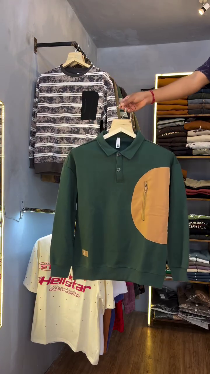 Vibrant Casual: Menβs Green Polo Sweatshirt with Orange Patch ππ