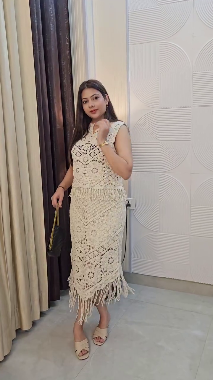 Boho Chic: Women’s Cream Crochet Top & Skirt Co-Ord Set with Fringed Hem 🌿🤍