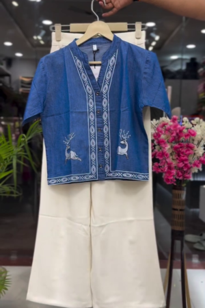 Effortless Chic: Blue Denim Embroidered Shirt with White Wide-Leg Trousers 👖💙🤍