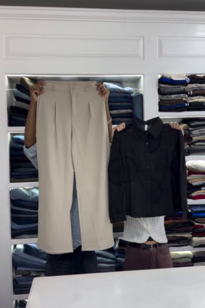 Classic Contrast: Beige Wide-Leg Trousers with Black Button-Down Shirt 🤎🖤