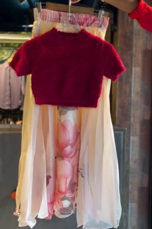 Floral Elegance: Red Crop Top with Organza Floral Skirt Set πΉπΈ