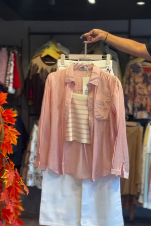 Fresh & Breezy: Light Pink Linen-Blend Shirt with Striped Top & White Bottoms 🌸🤍