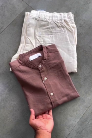 Elegant Men’s Linen Co-ord Set – Premium Mandarin Collar Shirt with White Trousers